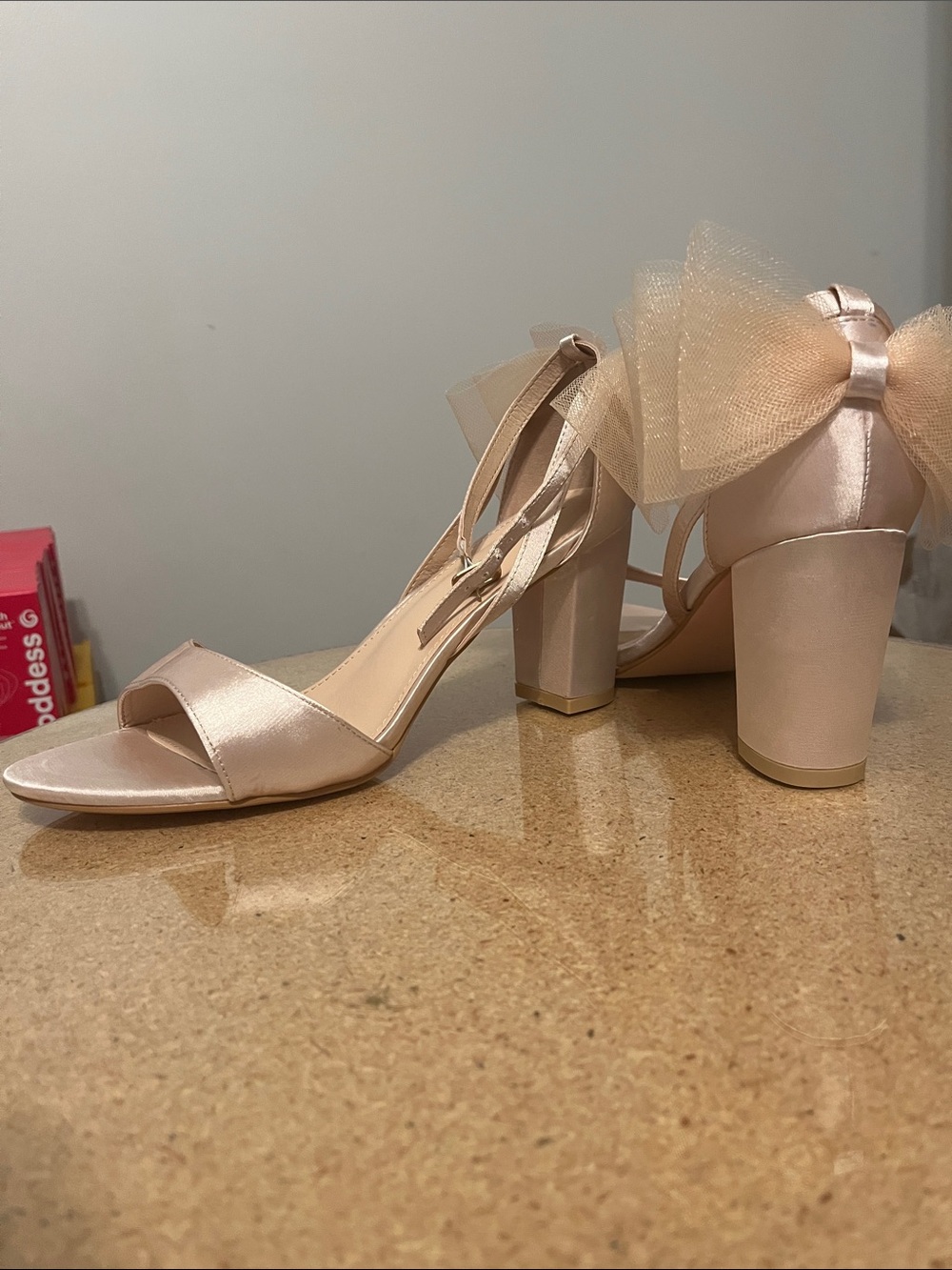 Elegant Blush Satin Block Heel Sandals with Tulle Bow